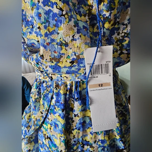 London Times Blue and Yellow Ruffled Midi Dress - Picture 5 of 8